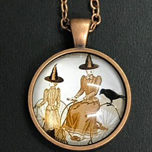 Witches and Raven Riding Bikes Pendant Necklace